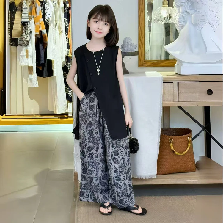 亲子夏季无袖套装2025新款慵懒风女大童复古气质时尚阔腿裤两件套