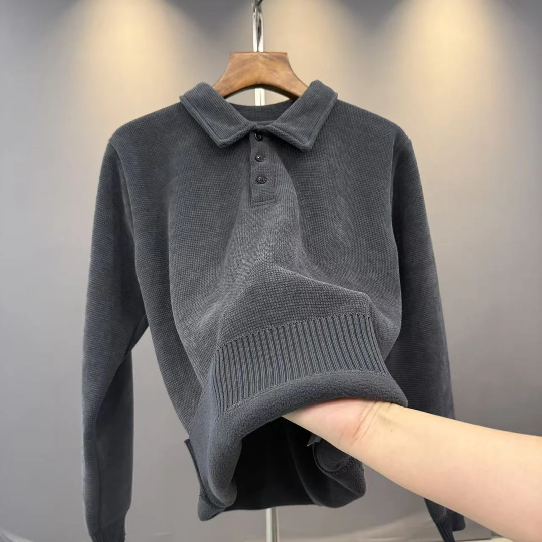 一体绒保暖翻领针织衫男冬季POLO衫打底衫纯色简约百搭男装上衣
