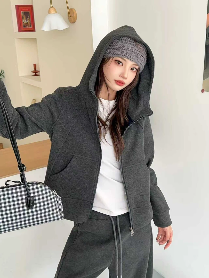 【ERUME】冬时尚卫衣套装加绒款双开拉链连帽卫衣1077
