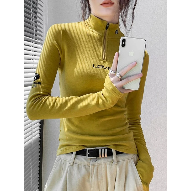 双面德绒拉链半高领长袖t恤女2025秋冬季新款修身显瘦保暖上衣女