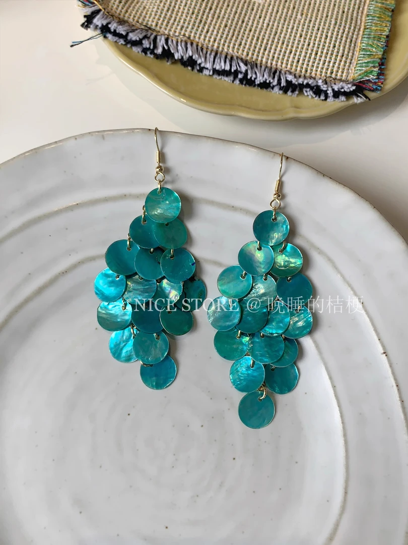 铜合金耳饰  蓝色圆片贝壳流苏耳环女海边度假风气质长款耳环耳饰