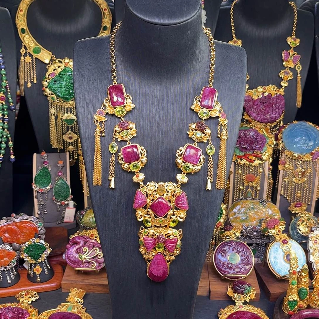 银S925镀金镶嵌套链红宝石多宝项链套装