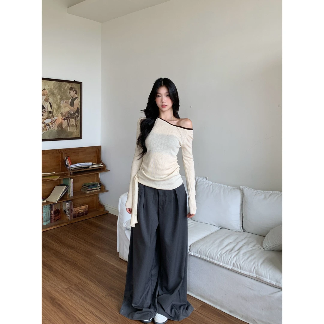 withmin【现货】凉皮 玻璃画报 中腰灰色直筒百搭休闲裤女2523790