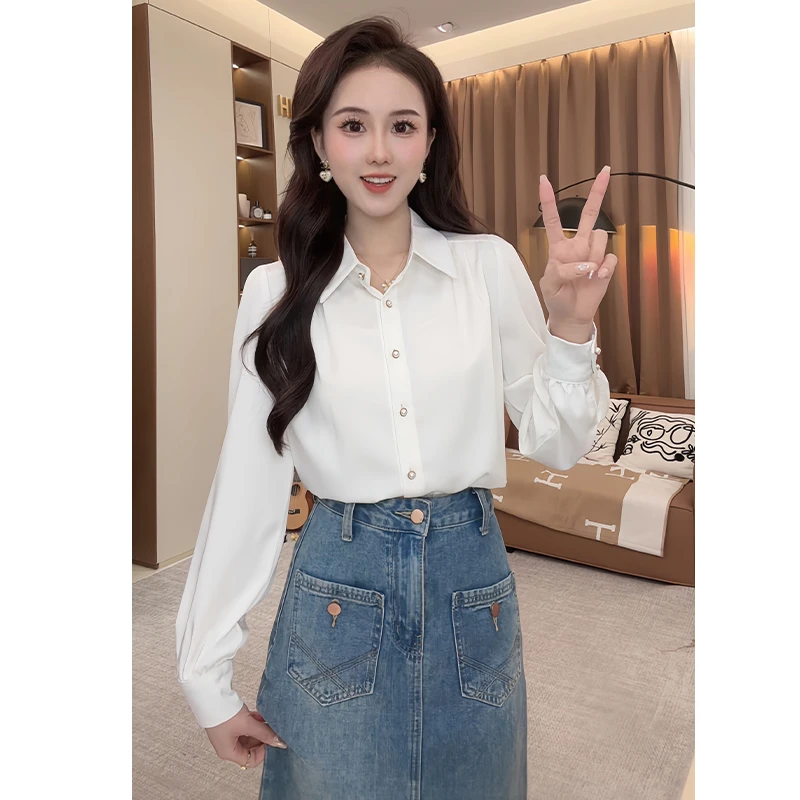 法式POLO领长袖衬衫女2025春设计感小众宽松喇叭袖气质衬衣潮