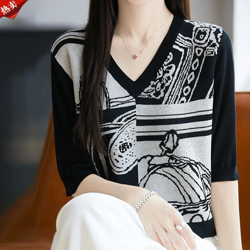 哥弟阿玛施正品夏季水墨印花V领针织衫短袖t恤宽松显瘦薄款上衣女