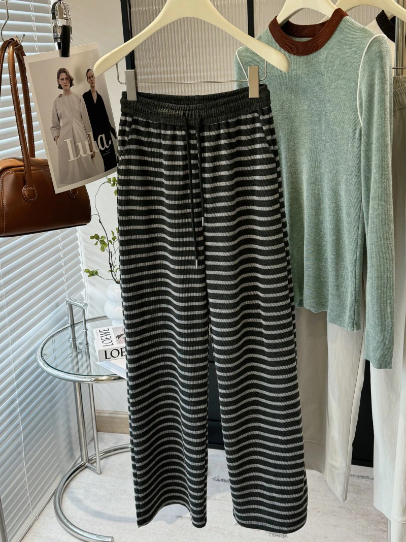 灰白条纹裤子女春季2025新款高腰显瘦垂感窄版直筒裤阔腿休闲长裤
