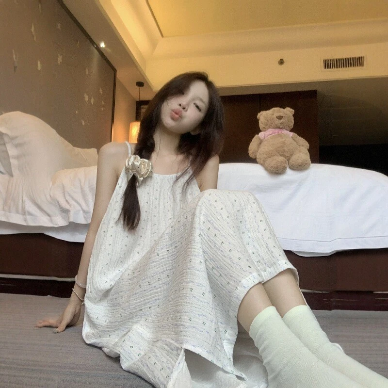 韩系吊带棉纱女款夏季女款睡衣女款爆款2025新款一体式睡裙连衣裙