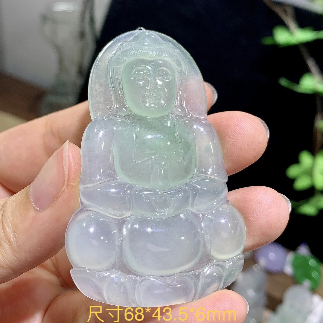 缅甸天然A货翡翠 老坑种冰种飘花大观音吊坠