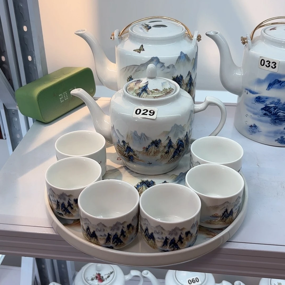 壶千里江山图侧把壶➕六个杯子➕茶盘