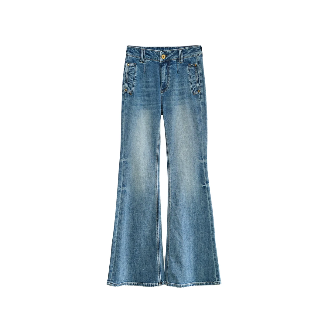 中高腰静奢风磨白高腰牛仔裤蓝色设计师女装时尚春夏微喇a1050