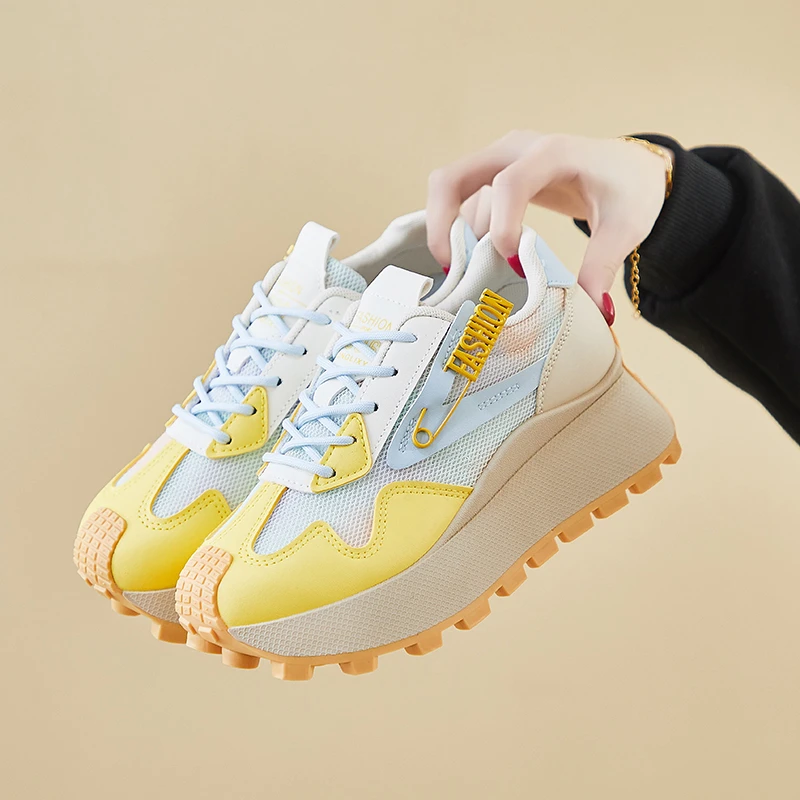 韩版透气拼色平跟时尚休闲鞋小白鞋厚底夏季网面休闲鞋百搭女生