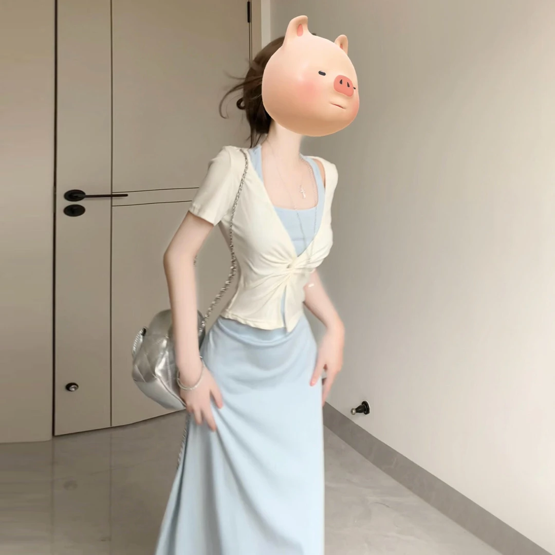 法式蓝色挂脖吊带连衣裙子女夏季2025新款小个子气质绝美长裙套装