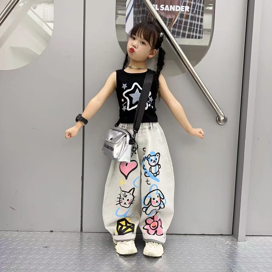 2025新款夏季涂鸦儿童牛仔裤女童阔腿裤外穿宽松韩系小童背心套装