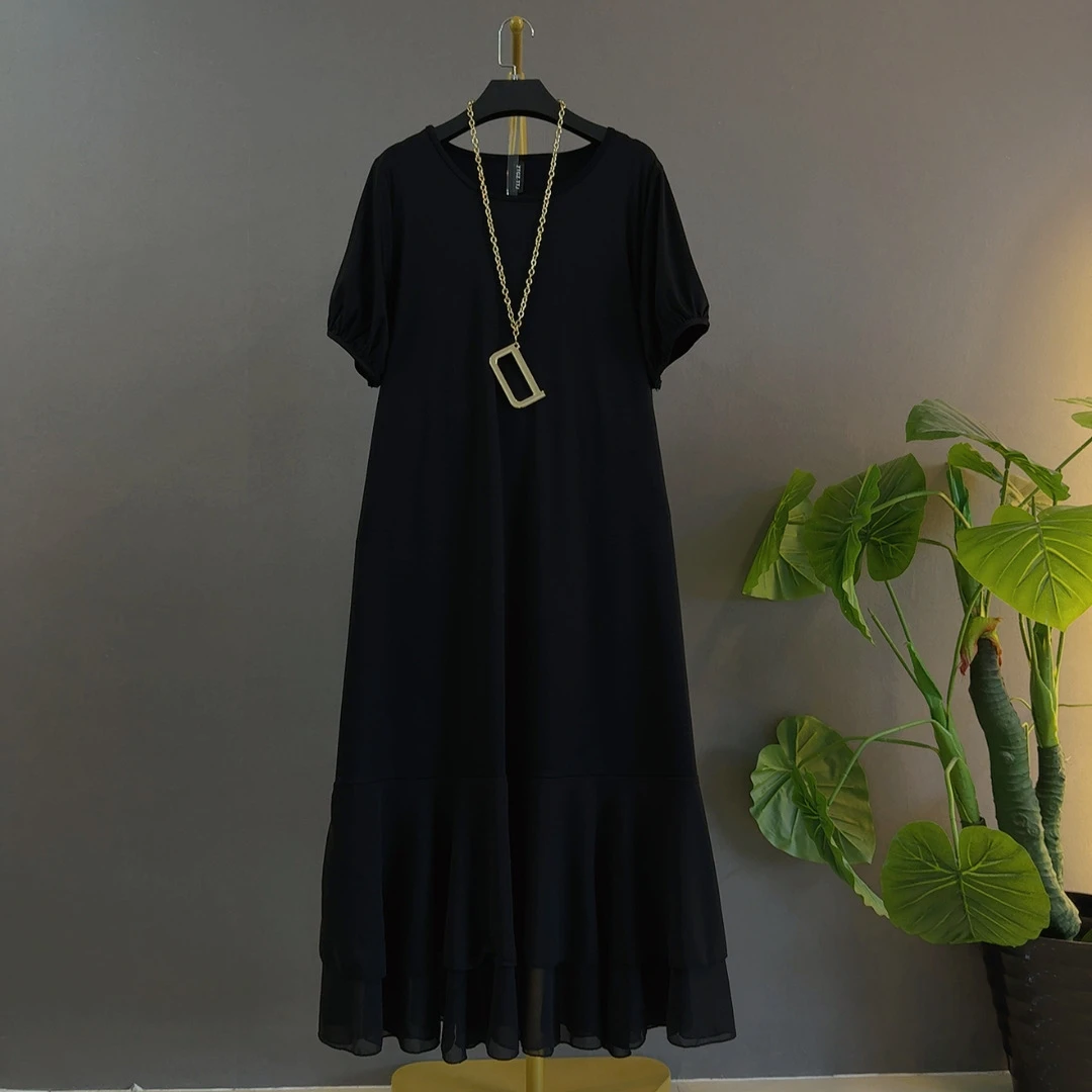 夏季法式赫本风高级感拼接遮肉显瘦灯笼袖苹果型身材大码连衣裙