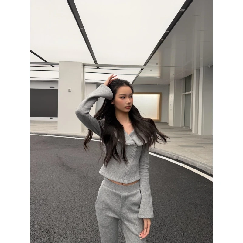 收腰显瘦卫衣套装女秋冬新款美式休闲辣妹修身外套微喇长裤两件套