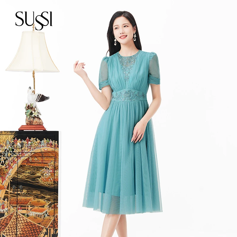 SUSSI/古色【天空之歌】浅蓝刺绣减龄收腰夏季法式优雅连衣裙女