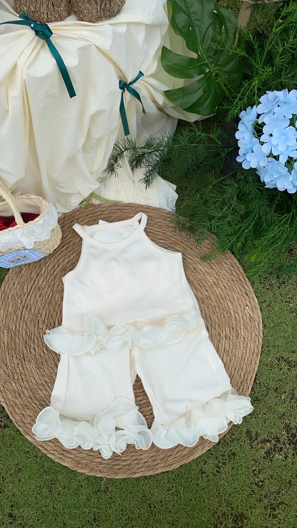 女童夏款花边吊带套装花边裤子奶油夏季女宝韩系套装清爽小童