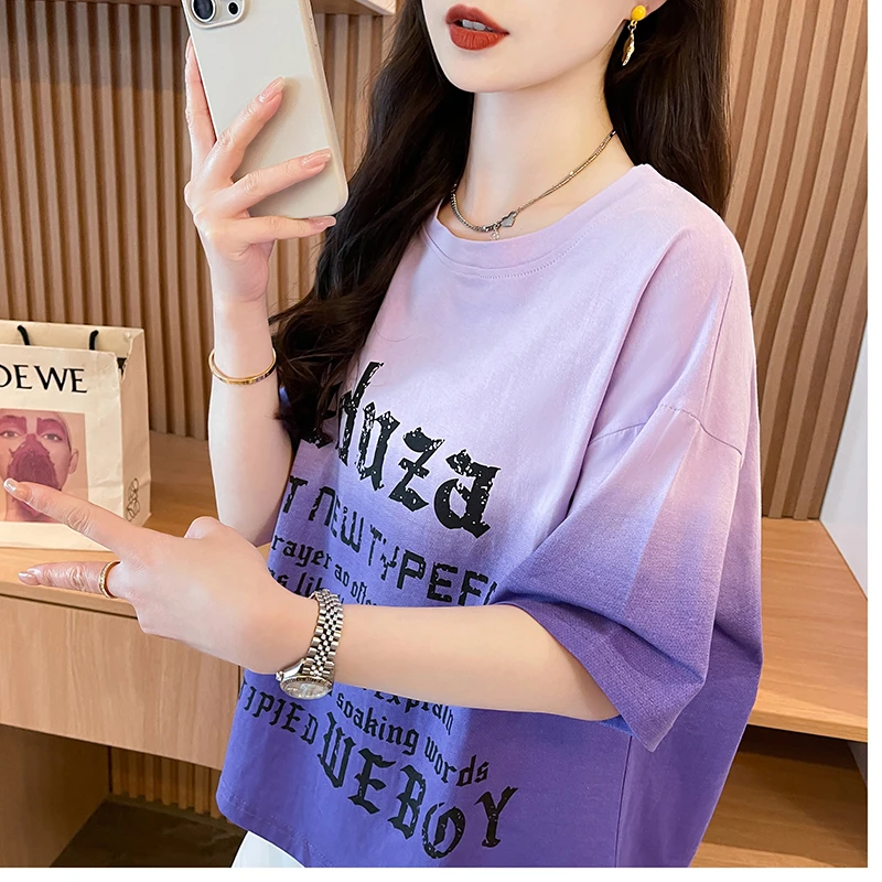 纯棉宽松大版短袖t恤女小个子2025年夏新爆薄短款扎染渐变色上衣