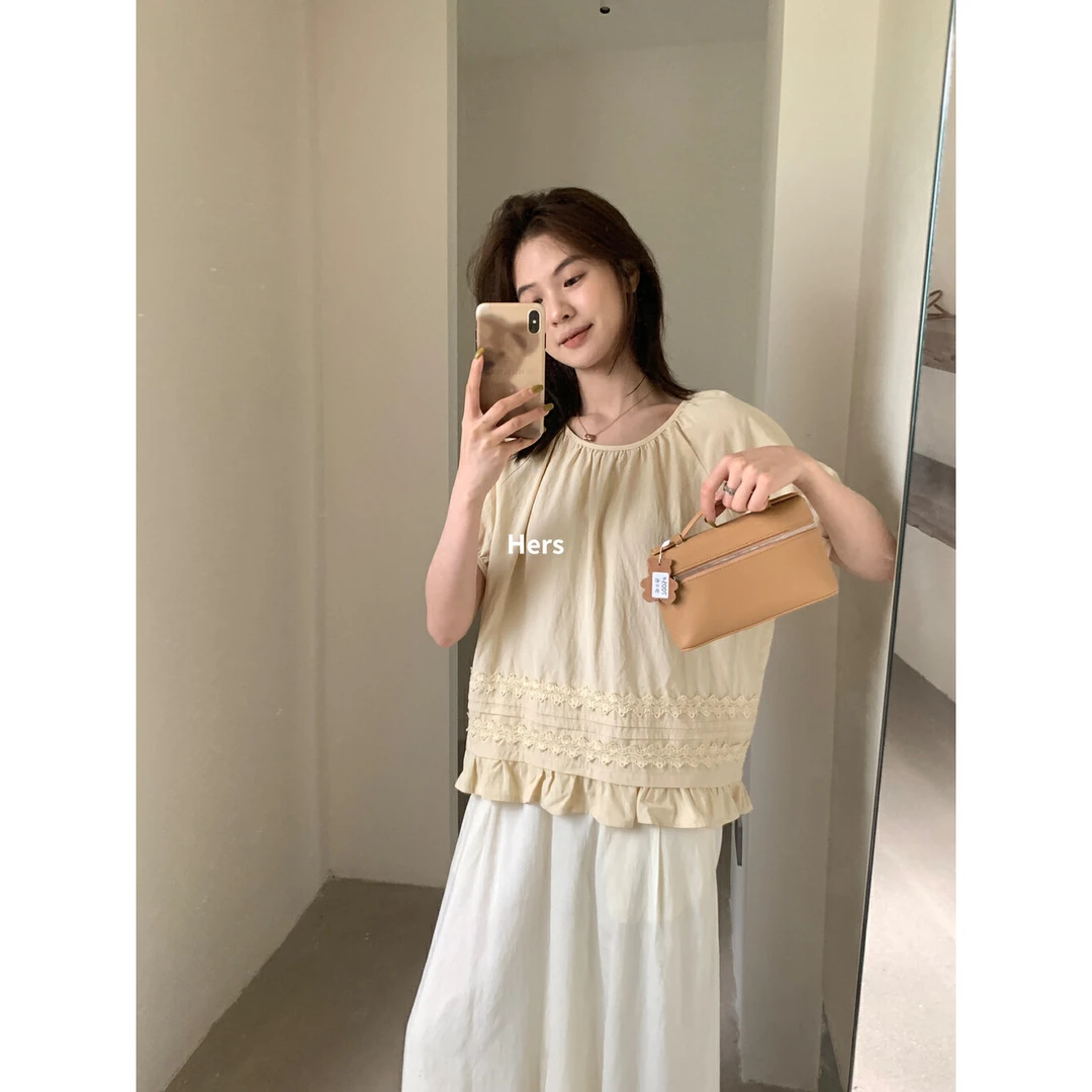 L-20822#一眼心动了~法式温柔简约复古这个蕾丝拼接花边短袖小衫