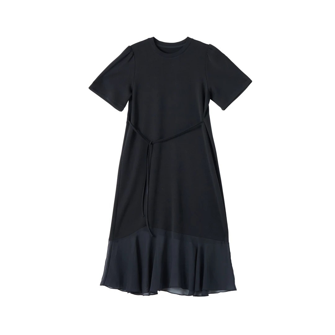 拼接鱼尾网纱休闲洋气连衣裙2025夏季显瘦气质黑色中长款裙子F755