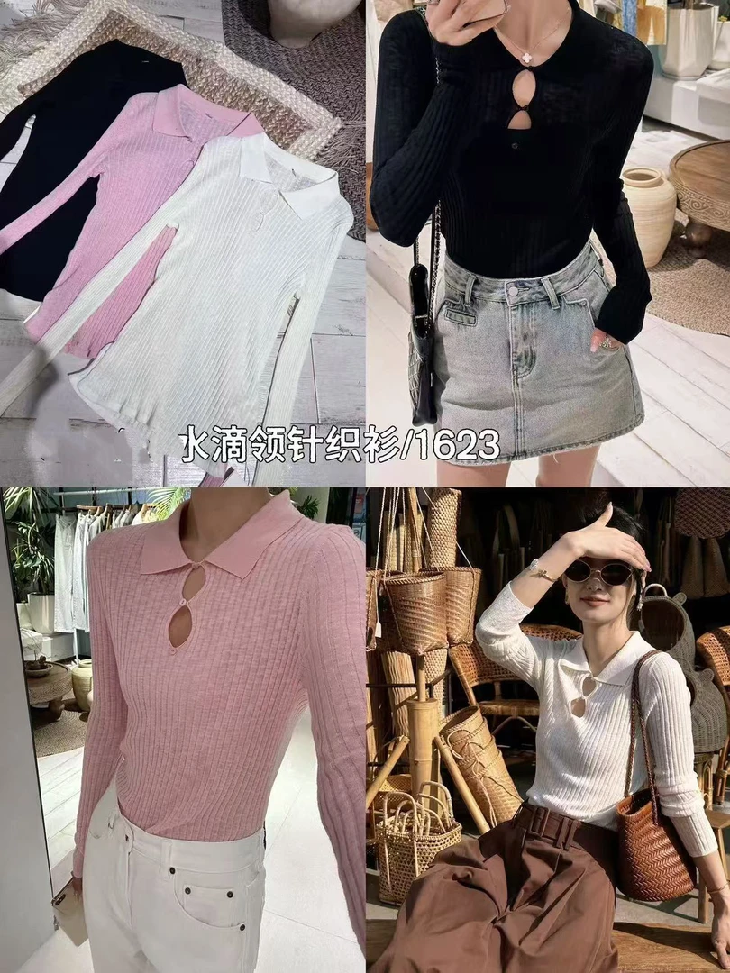 【BAI】镂空水滴领常规长袖薄款针织衫百搭1623