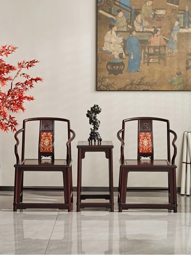 赞比亚紫檀珐琅南宫椅三件套茶几圈椅太师椅客厅茶桌椅茶椅官帽椅