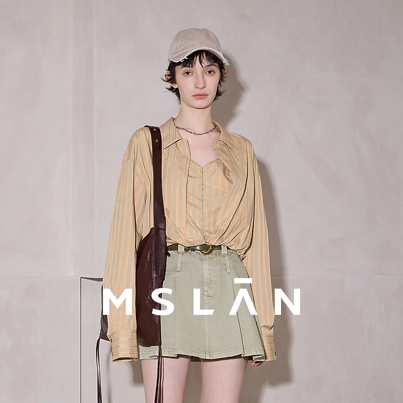 MSLAN商场同款新款小个子细条纹时尚气质百搭截短款衬衫女MGBN333