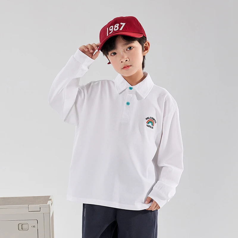 男童长袖T恤春秋款儿童POLO衫上衣青少年初中生春装翻领白打底衫