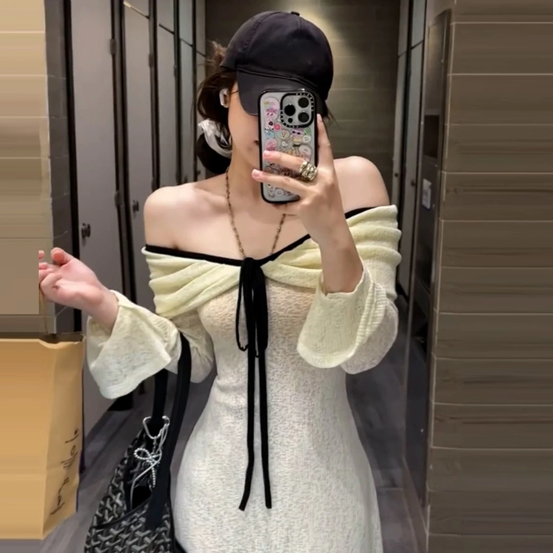 设计感辣妹一字肩针织长裙连衣裙女秋季气质修身显瘦打底包臀裙子