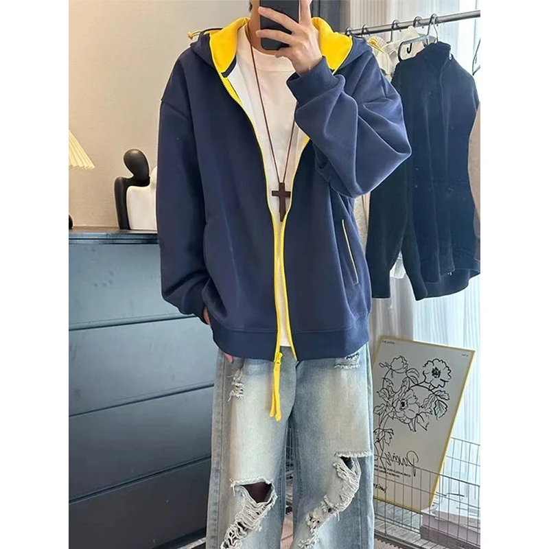 cleanfit慵懒风拼接撞色卫衣男款藏青色连帽外套情侣装大檐帽上衣