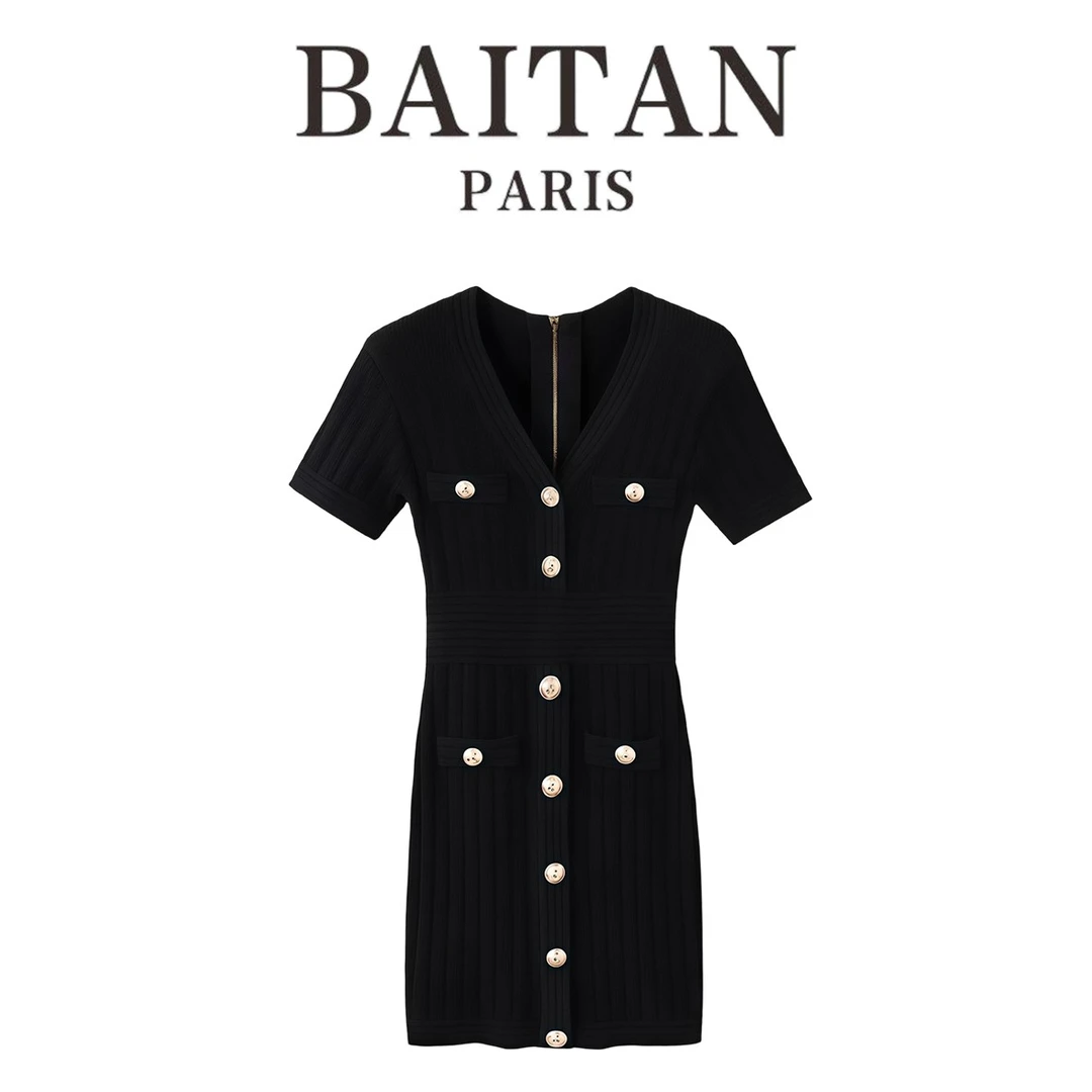 【BAITAN】巴曼针织短袖连衣裙夏季新款针织V领收腰紧身显瘦包臀裙