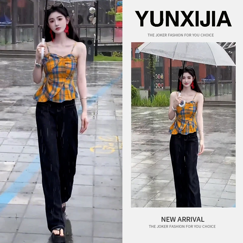 2025夏季新款薄款时尚洋气百搭吊带修身显瘦宽松阔脚长裤裤两件套