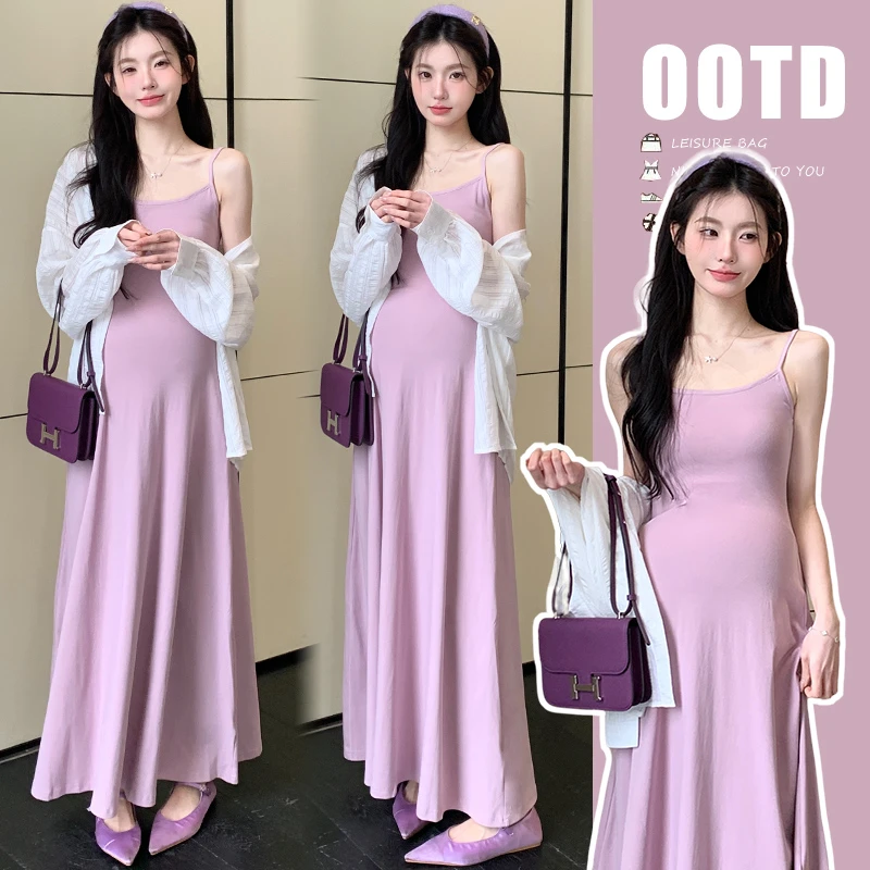 孕妇裙子2025春夏新款时尚洋气弹力吊带裙防晒衬衫孕妇背心裙套装