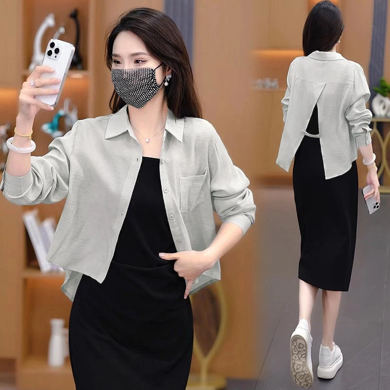 时尚女士开衫外套2025年夏季新款洋气百搭防晒衬衣纯色长袖设计感