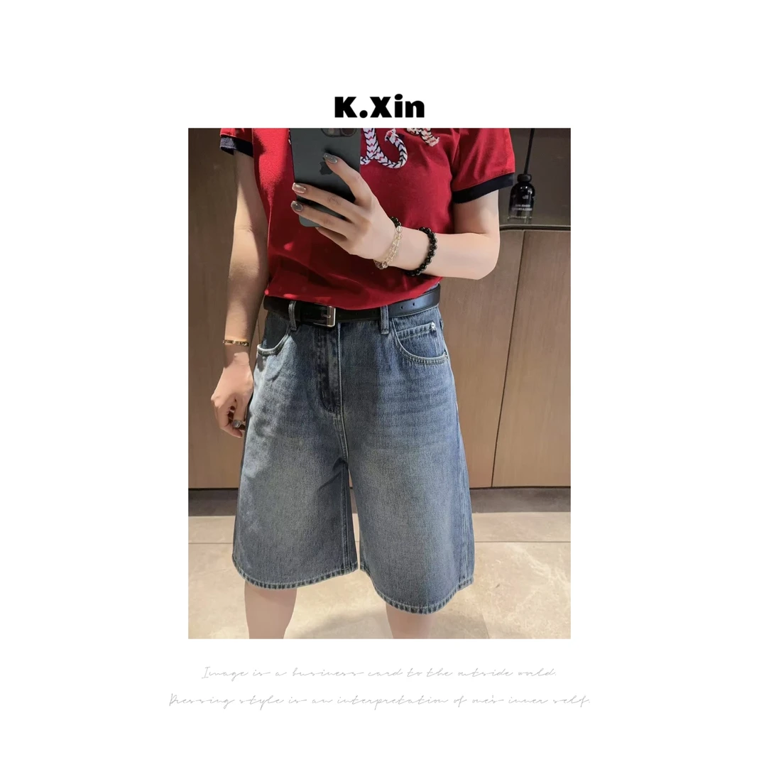 质感棉料美式复古中短款五分水洗蓝色牛仔短裤时尚百搭J5838