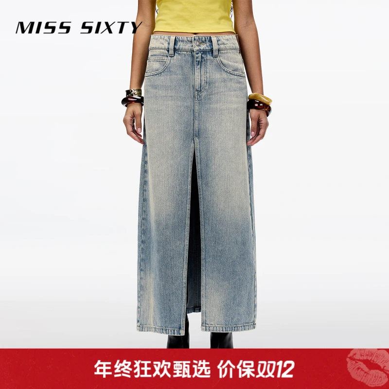 Miss Sixty2025秋季新款牛仔长裙女前开衩多皮牌复古做旧洗水休闲