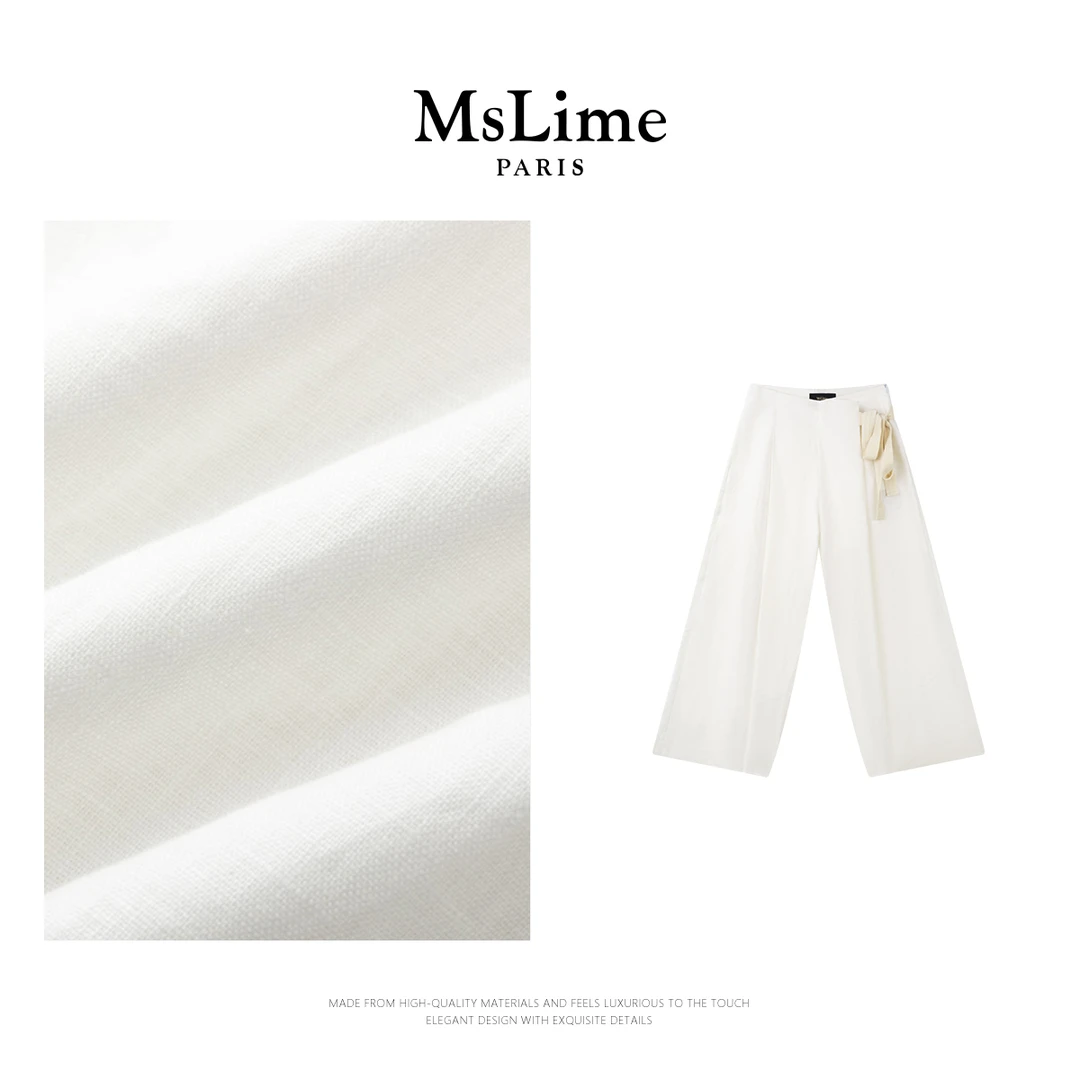 王嬛嬛MsLime2025新款【瀑布】100%亚麻白色休闲裤 HD2A0686
