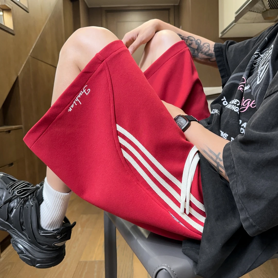 美式三条杠运动五分短裤男夏季休闲刺绣五分裤潮牌宽松百搭中裤子