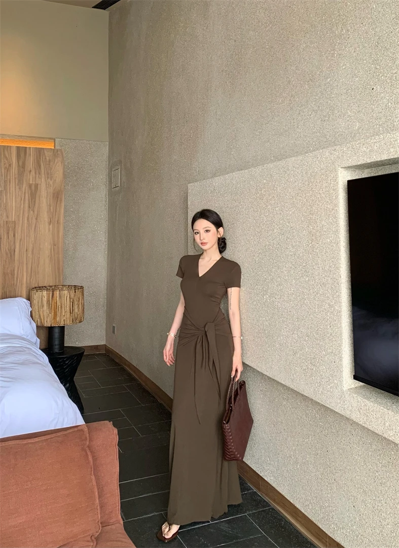 超辣复古气质修身显瘦短袖连衣长裙配腰带#22729