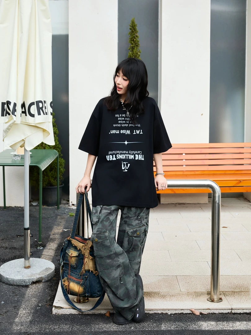 美式印花夏季纯棉短袖男生黑色时尚t恤男女同款宽松圆领上衣潮流