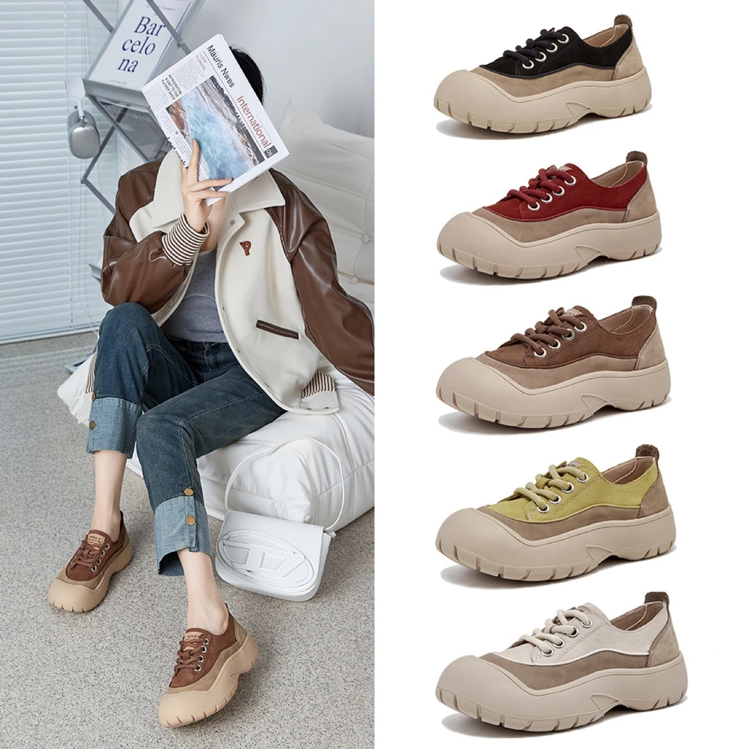 头层牛皮2025丑萌厚底板鞋休闲运动户外包头软底增高大女鞋休闲鞋