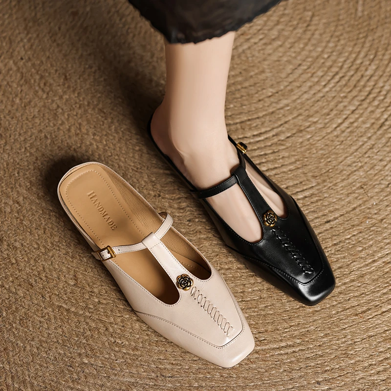 包头凉拖鞋女夏时尚外穿2025年新款真皮粗跟百搭丁字式扣带穆勒鞋