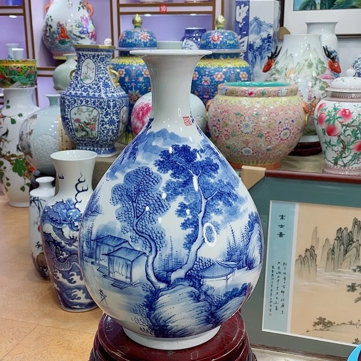 花瓶全手工釉下青花山水玉富春瓶