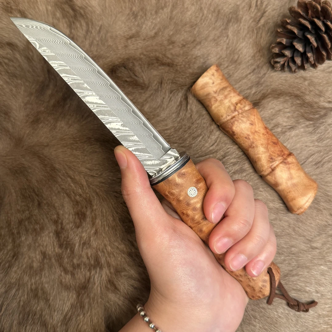 竹节刀【森赐隆藏级】大马士革钢竹节设计水果刀户外用刀带刀鞘