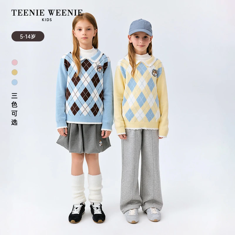 TeenieWeenieKids25年秋冬女童甜美翻领菱格套头毛衣TKKW258T45N