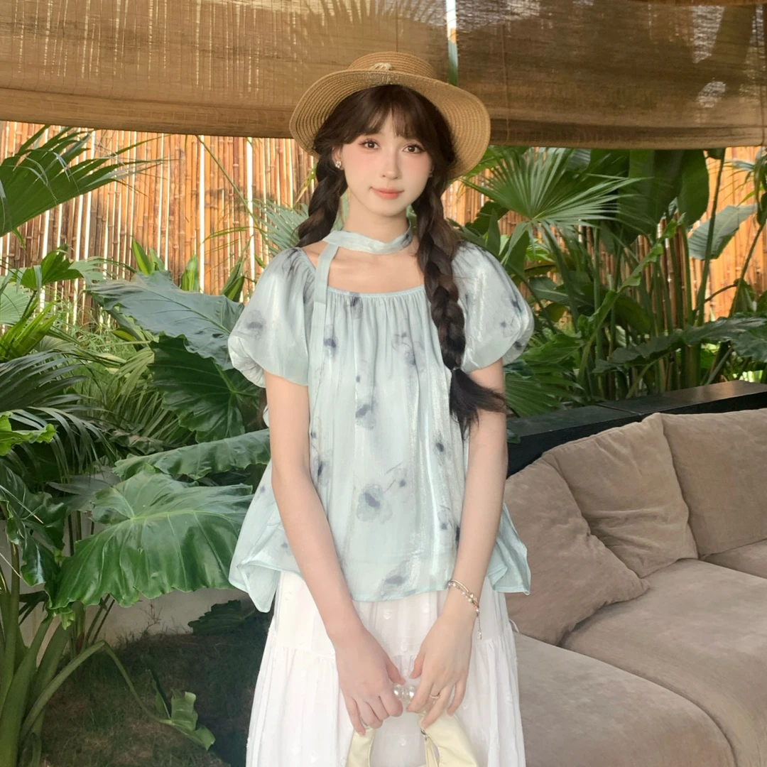 慕兔法式复古洋气碎花方领衬衫女2025夏季新款宽松短袖小个子上衣