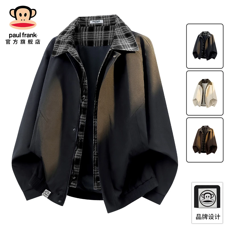 Paul Frank/大嘴猴拼接格纹黑色夹克男秋冬新款潮牌痞帅翻领外套