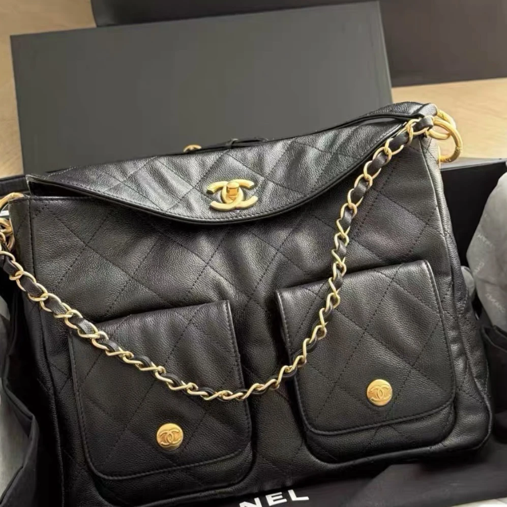 未使用 Chanel/香奈儿 黑金嬉皮包大号 hobo芯片款 斜挎包