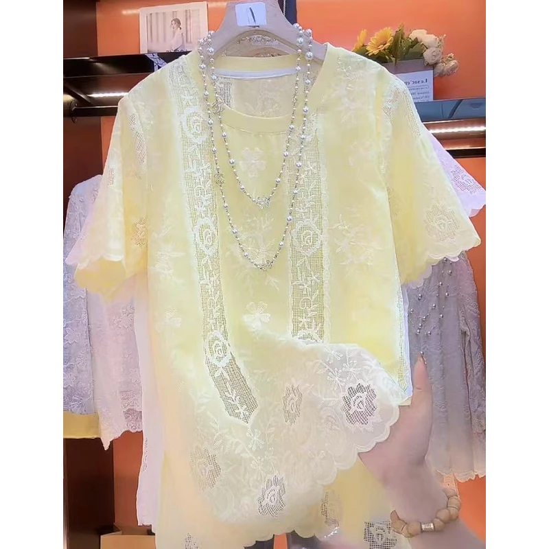 LT09#立体花瓣波浪边短袖上衣夏季新款宽松女士圆领气质T恤