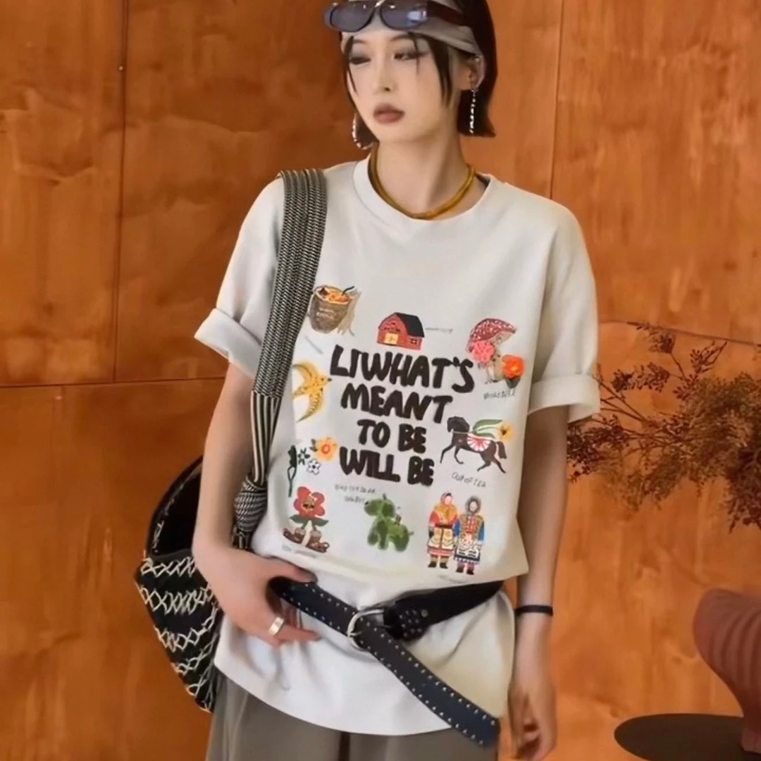 “设计感”美式复古花朵字母宽松T恤（衣长74左右）卡码拍小